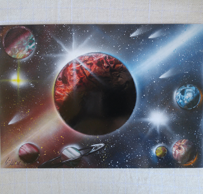 Процесс создания картины в технике Spray paint art Spray Art, Видео, Влюбленные, Луна, Длиннопост, Картина, Пейзаж, Вода, Космос