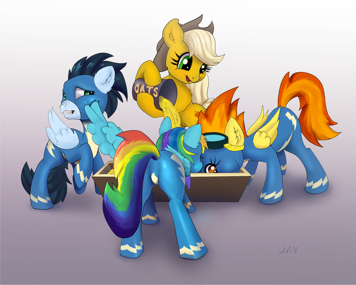 Applejack feeds Wonderbolt team My Little Pony, Applejack, Soarin, Rainbow Dash, Spitfire, Wonderbolts, , Xbi