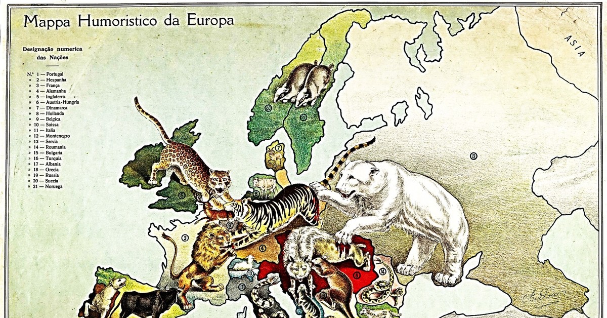 Российская империя и мир в 19 веке. Карикатура карта Европы к 1914 году. Карта Европы 1914 года.