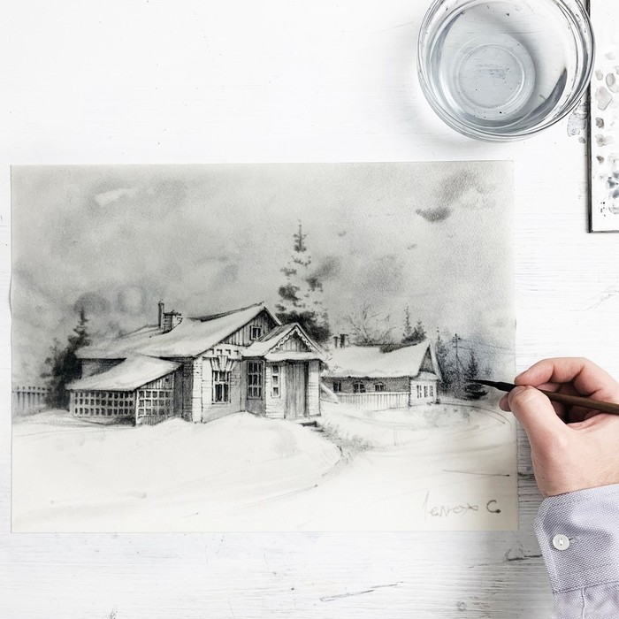 Акварельный этюд - деревня