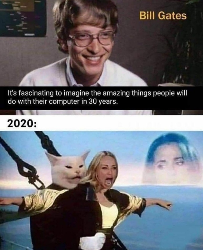 Через 30 лет... Билл Гейтс, Компьютер, Кот, Две женщины орут на кота, Будущее наступило