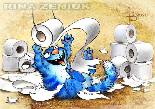 Синие коты "Запасаемся к коронавирусу" Рина Зенюк, Котомафия, Кот, Рисунок, Туалетная бумага
