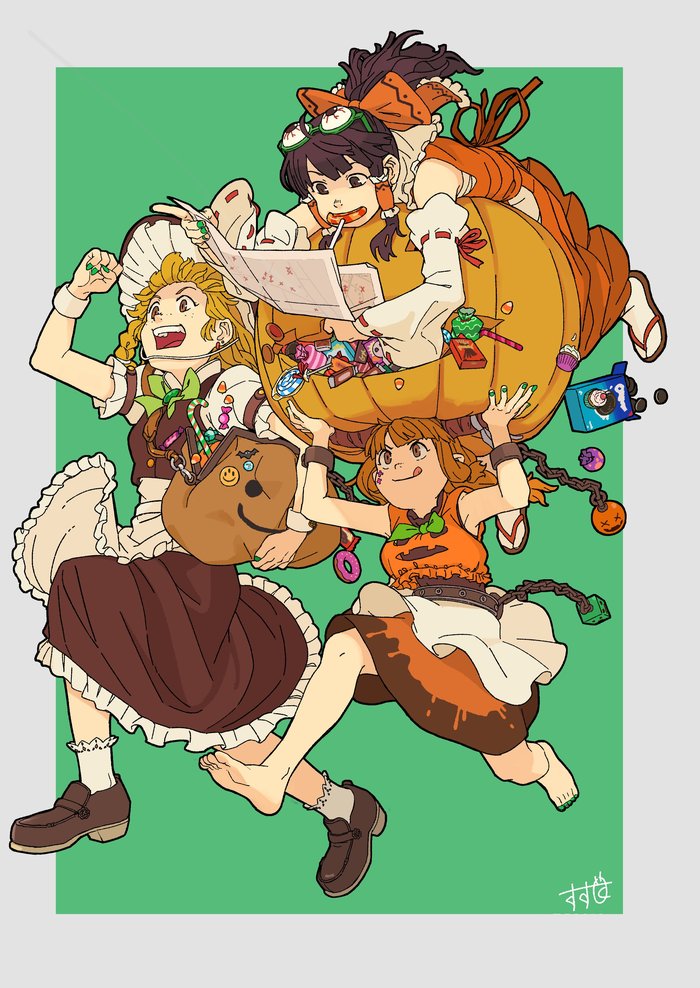 Halloween raiders , Anime Art, Touhou, Hakurei Reimu, Kirisame Marisa, Ibuki Suika