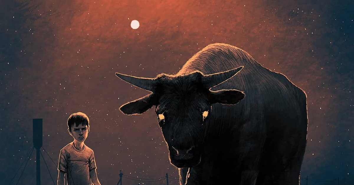Огромный бык и мальчик. Корова и человек. Бык хуманизация арт. Бык. Корова качок.