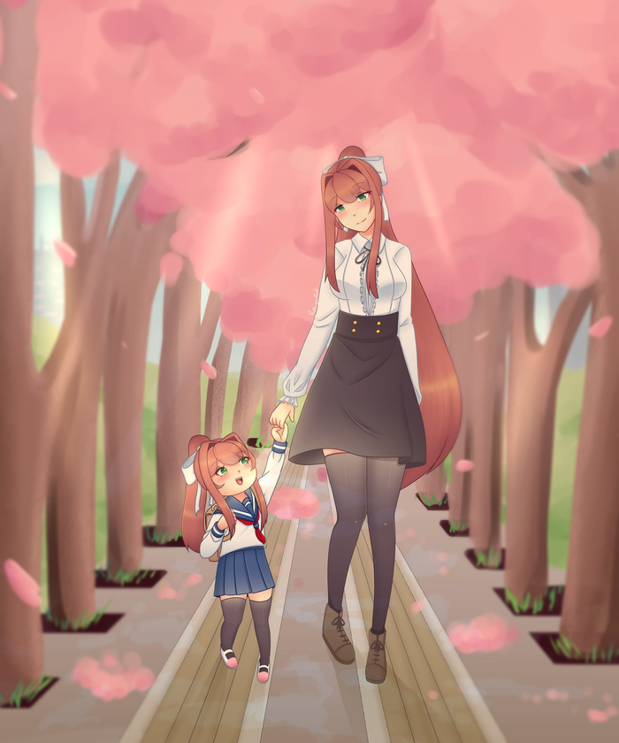 Monika and Chibika walking to school Doki Doki Literature Club, Monika, Anime Art, ,  