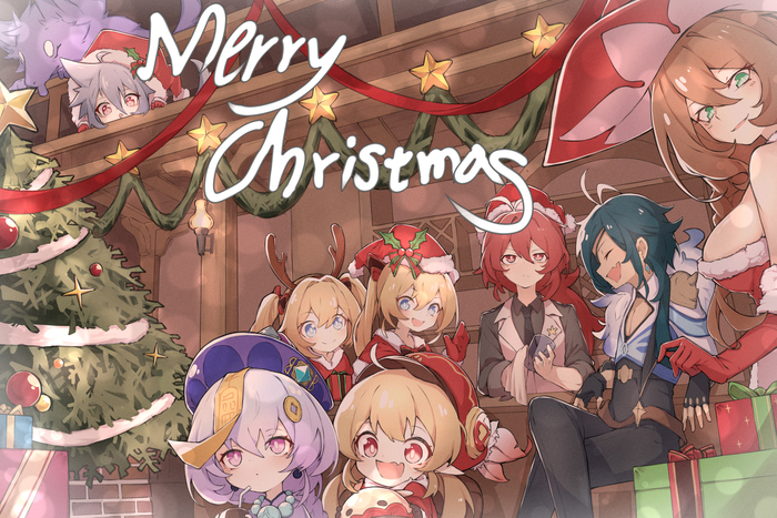 Merry Christmas Anime Art, Genshin Impact, Diluc (Genshin Impact), Kaeya, Barbara (Genshin Impact), Jean (Genshin Impact), Lisa (Genshin Impact), Razor, Qiqi (Genshin Impact), Klee (Genshin Impact), , , Santa costume