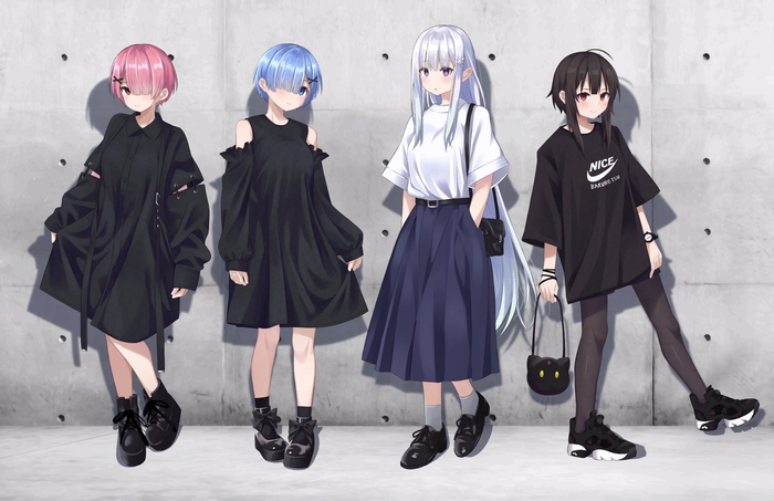 Casual Re:Zero Kara, Rem (Re:Zero Kara), Ram (Re:Zero Kara), Emilia, Konosuba, Megumin, Anime Art, 