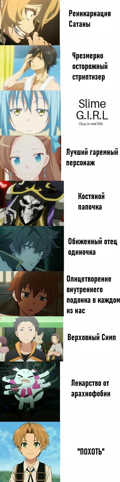   , Youjo Senki, Tensei Shitara Slime Datta Ken, Overlord, Tate no Yuusha no Nariagari, Konosuba, Re:Zero Kara, Kumo Desu ga Nani ka?, Mushoku tensei, , Bakarina, , Shinchou Yuusha