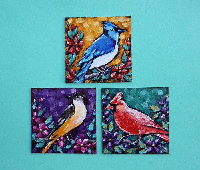 Птички. Мини - Триптих. Масло. Картон. Лак