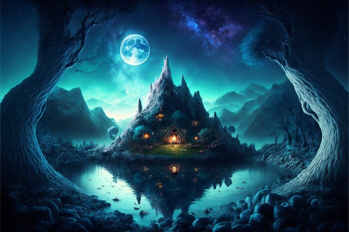 СКАЗОЧНЫЕ ОБОИ НА РАБОЧИЙ СТОЛ Midjourney, Арты нейросетей, Нейронные сети, Цифровой рисунок, Длиннопост, Фоторедактор, Обои на рабочий стол, Сказка, Река, Озеро, Красота, Волшебство, Магия, Ночь, День, Луна