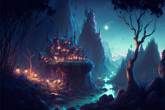 СКАЗОЧНЫЕ ОБОИ НА РАБОЧИЙ СТОЛ Midjourney, Арты нейросетей, Нейронные сети, Цифровой рисунок, Длиннопост, Фоторедактор, Обои на рабочий стол, Сказка, Река, Озеро, Красота, Волшебство, Магия, Ночь, День, Луна