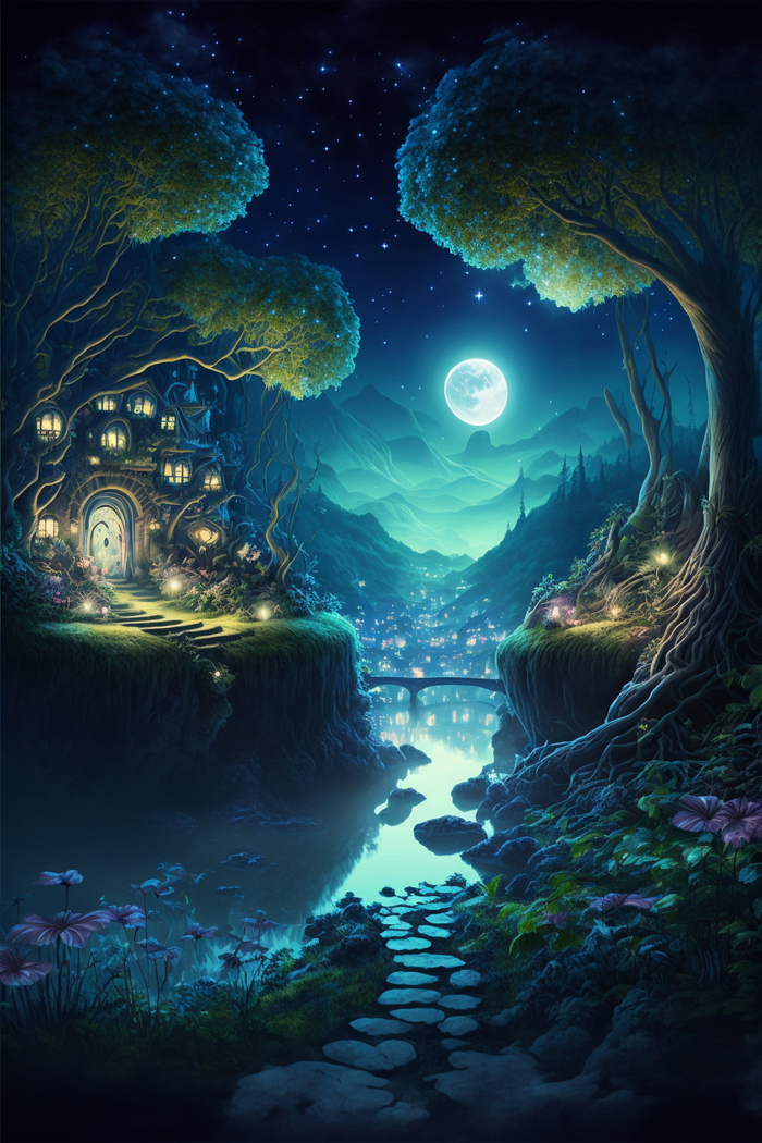 Продолжение поста «СКАЗОЧНЫЕ ОБОИ НА РАБОЧИЙ СТОЛ» Midjourney, Арты нейросетей, Нейронные сети, Цифровой рисунок, Длиннопост, Фоторедактор, Обои на рабочий стол, Сказка, Река, Озеро, Красота, Волшебство, Магия, Ночь, День, Луна, Обои на телефон, Ответ на пост