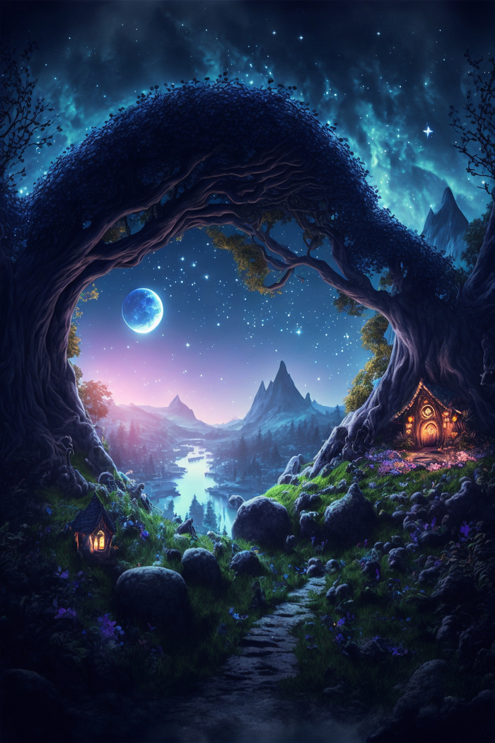 Продолжение поста «СКАЗОЧНЫЕ ОБОИ НА РАБОЧИЙ СТОЛ» Midjourney, Арты нейросетей, Нейронные сети, Цифровой рисунок, Длиннопост, Фоторедактор, Обои на рабочий стол, Сказка, Река, Озеро, Красота, Волшебство, Магия, Ночь, День, Луна, Обои на телефон, Ответ на пост