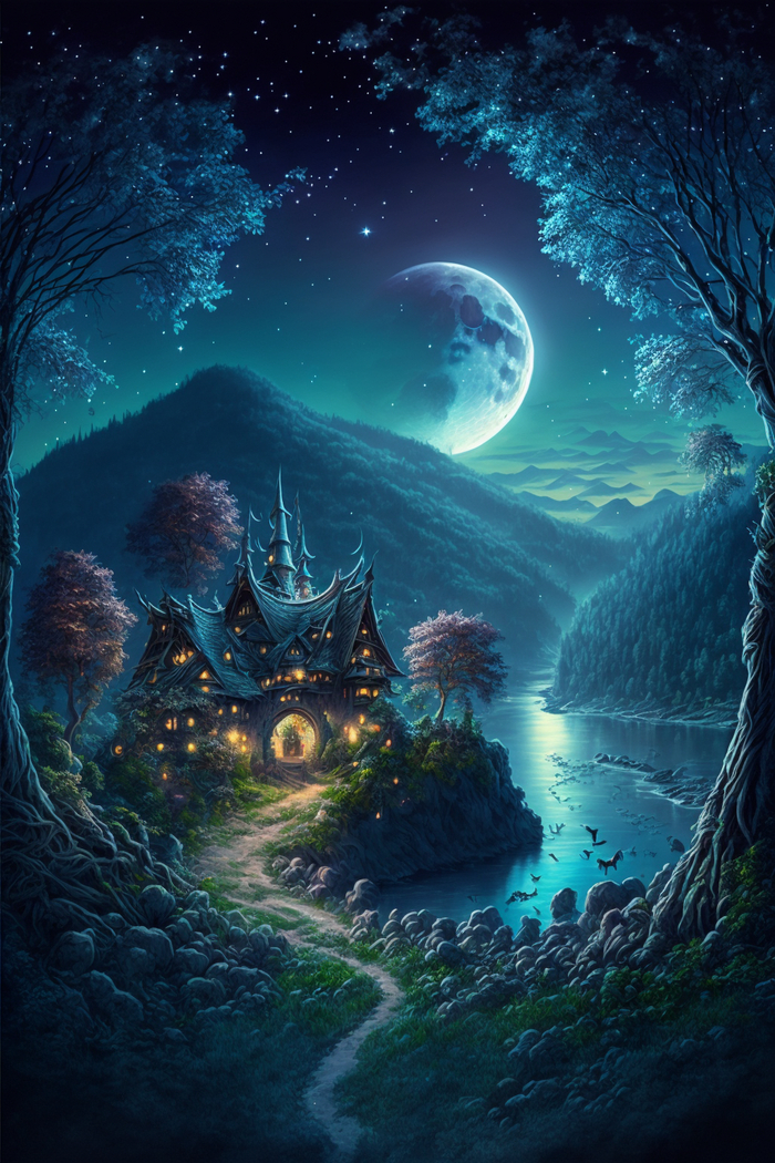 Продолжение поста «СКАЗОЧНЫЕ ОБОИ НА РАБОЧИЙ СТОЛ» Midjourney, Арты нейросетей, Нейронные сети, Цифровой рисунок, Длиннопост, Фоторедактор, Обои на рабочий стол, Сказка, Река, Озеро, Красота, Волшебство, Магия, Ночь, День, Луна, Обои на телефон, Ответ на пост