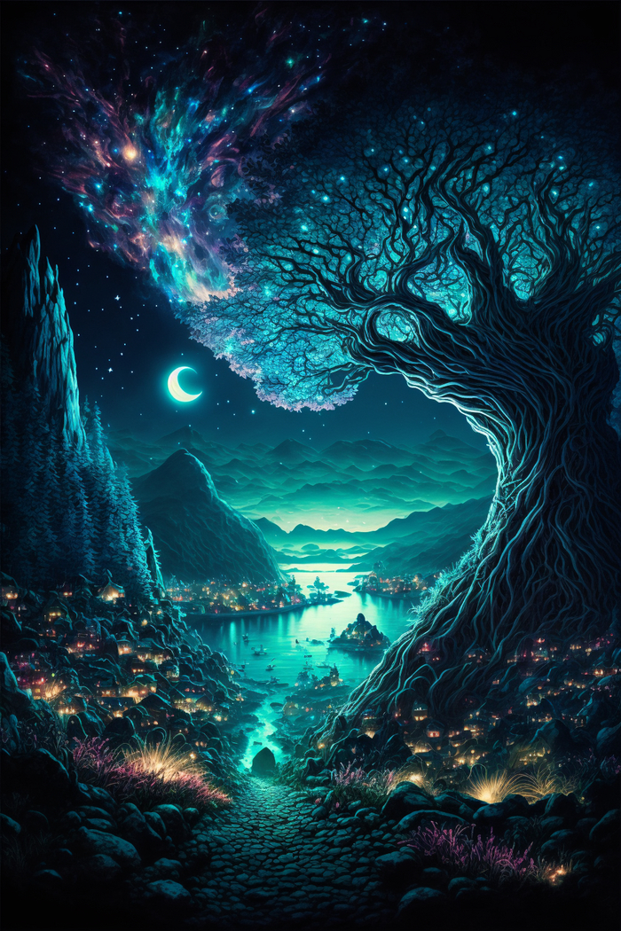 Продолжение поста «СКАЗОЧНЫЕ ОБОИ НА РАБОЧИЙ СТОЛ» Midjourney, Арты нейросетей, Нейронные сети, Цифровой рисунок, Длиннопост, Фоторедактор, Обои на рабочий стол, Сказка, Река, Озеро, Красота, Волшебство, Магия, Ночь, День, Луна, Обои на телефон, Ответ на пост