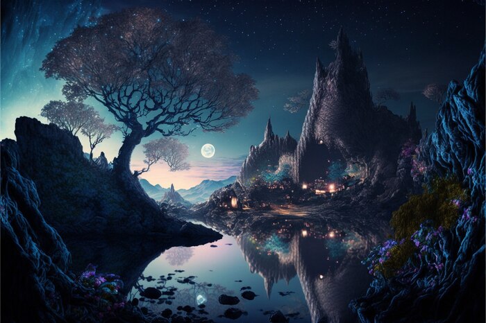 Продолжение поста «СКАЗОЧНЫЕ ОБОИ НА РАБОЧИЙ СТОЛ» Midjourney, Арты нейросетей, Нейронные сети, Цифровой рисунок, Фоторедактор, Обои на рабочий стол, Сказка, Река, Озеро, Красота, Волшебство, Магия, Ночь, День, Луна, Длиннопост, Ответ на пост