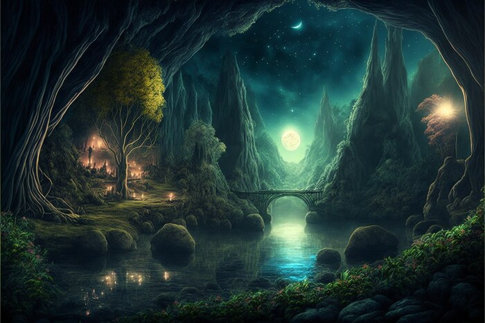 Продолжение поста «СКАЗОЧНЫЕ ОБОИ НА РАБОЧИЙ СТОЛ» Midjourney, Арты нейросетей, Нейронные сети, Цифровой рисунок, Фоторедактор, Обои на рабочий стол, Сказка, Река, Озеро, Красота, Волшебство, Магия, Ночь, День, Луна, Длиннопост, Ответ на пост