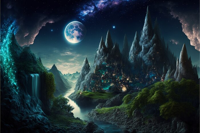 Продолжение поста «СКАЗОЧНЫЕ ОБОИ НА РАБОЧИЙ СТОЛ» Midjourney, Арты нейросетей, Нейронные сети, Цифровой рисунок, Фоторедактор, Обои на рабочий стол, Сказка, Река, Озеро, Красота, Волшебство, Магия, Ночь, День, Луна, Длиннопост, Ответ на пост