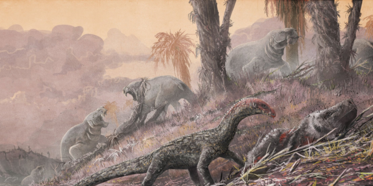 На рисунке изображен майаспондил вымершая рептилия. Триасово-Юрское вымирание. Предки динозавров. Предок варана. Динозавр похожий на варана.
