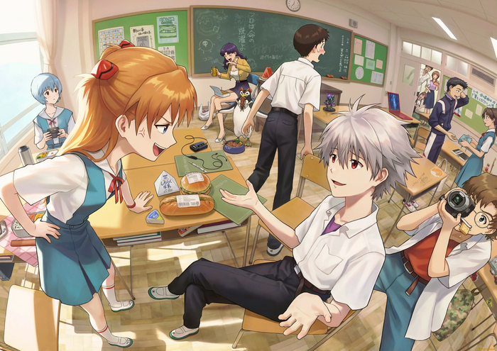   , Evangelion, Rei Ayanami, Asuka Langley, Misato Katsuragi, Ikari Gendo, Makinami Mari, Kensuke Aida, Pen-pen, Eva 01, , Shinji Ikari, Toji Suzuhara, Hikari Horaki