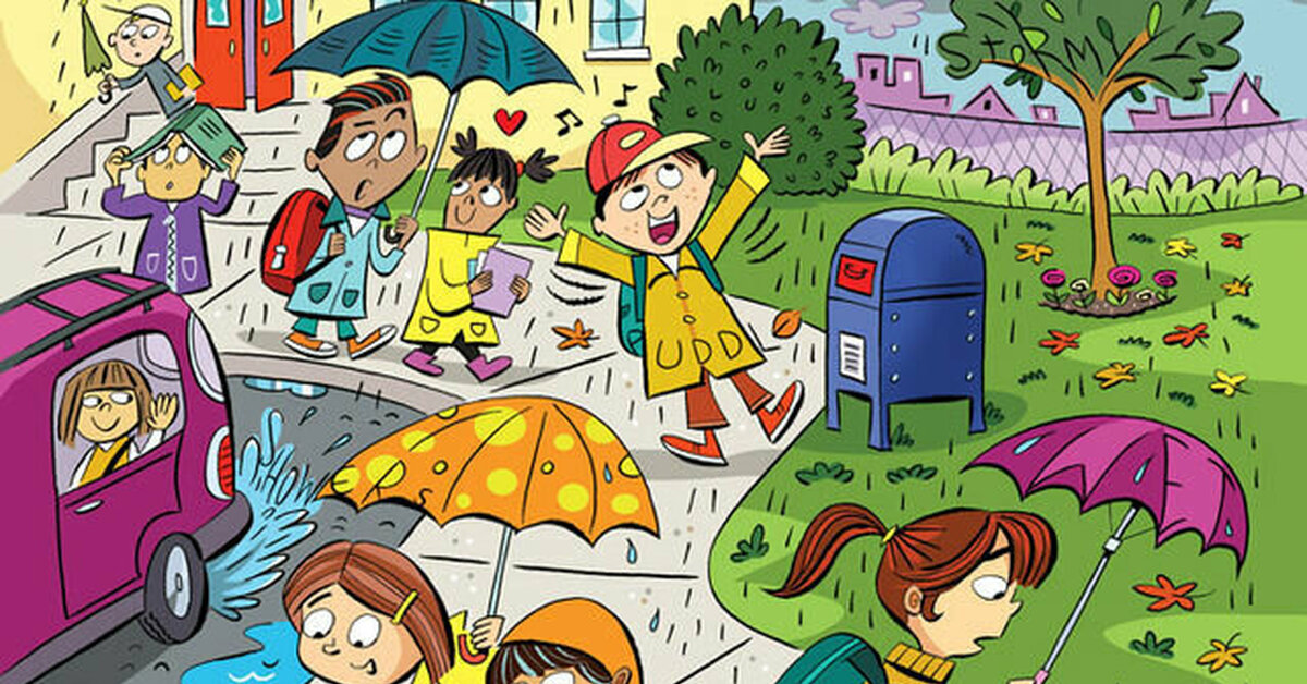 Find english. Going to School in the Rain picture for Kids.