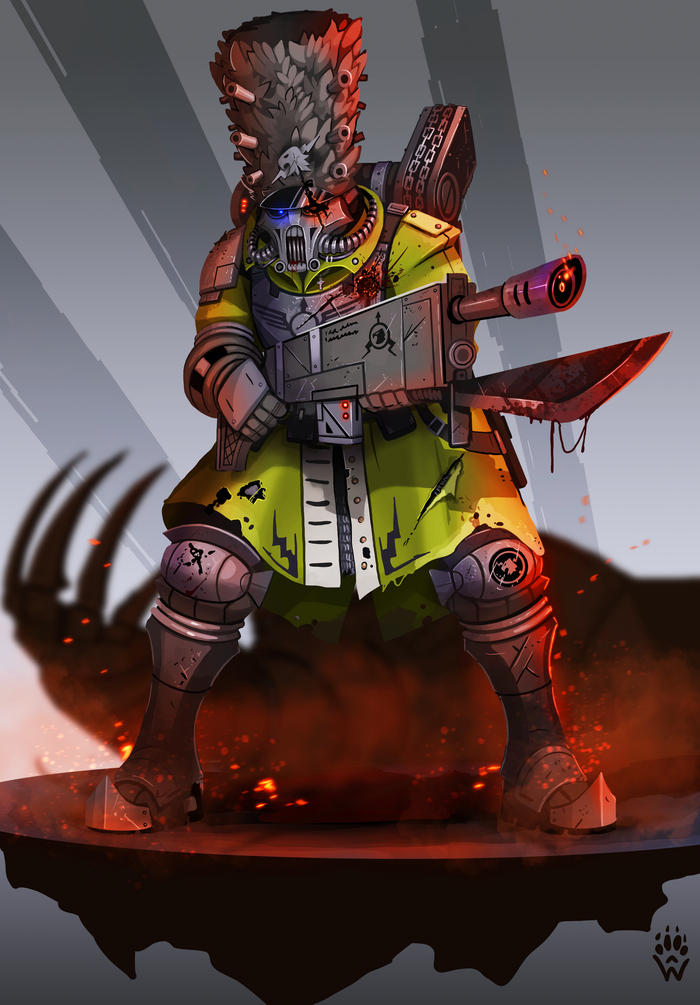 Ollanius Pius defends the Emperors body on Horus's flagship by WolfdawgArt