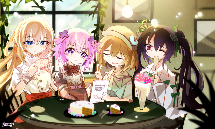 Valentine's Cafe Anime Art, Hyperdimension Neptunia, Neptunia, Neptune, Noire (Black Heart), Vert, Blanc, Yitsune Melody