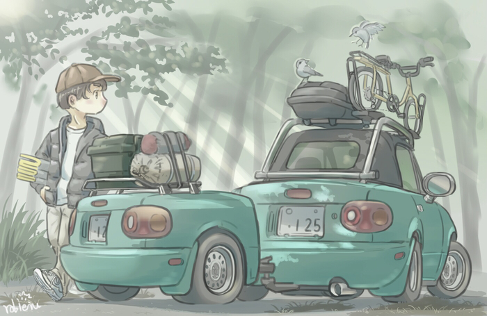На свежем воздухе Аниме, Anime Art, Арт, Авто, Mazda mx-5, Mazda, Японский автопром, Suzuki