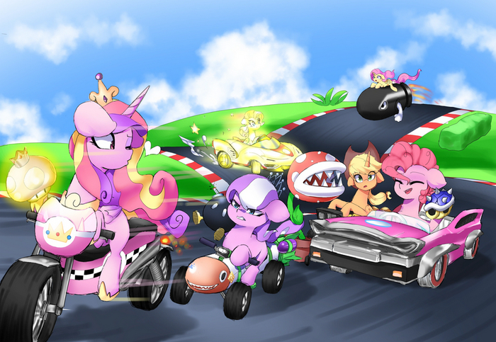 Pony Kart My Little Pony, Princess Cadance, Fluttershy, Pinkie Pie, Applejack, Rarity, Diamond Tiara, MLP Crossover, Mario Kart