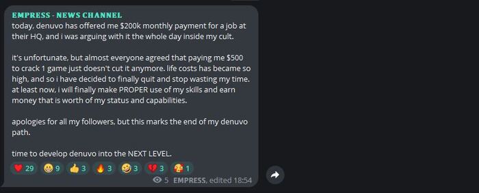 EMPRESS уходит работать в Denuvo за $200K в месяц Новости игрового мира, Новости, Empress