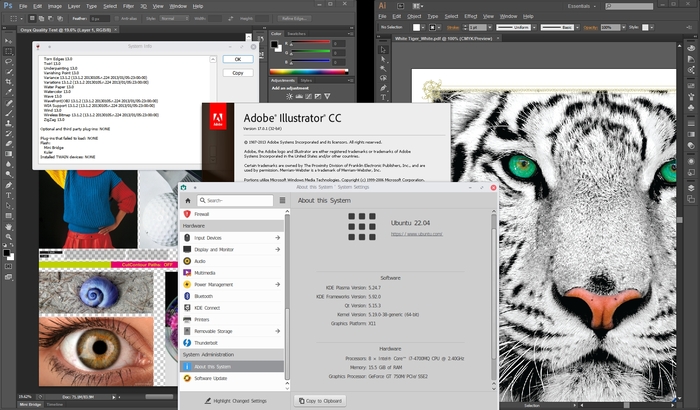    Adobe Photoshop CS6  Adobe Illustrator CC  Kubuntu 22.04LTS Adobe Illustrator, Wine, Ubuntu, Linux  Windows, Photoshop, 