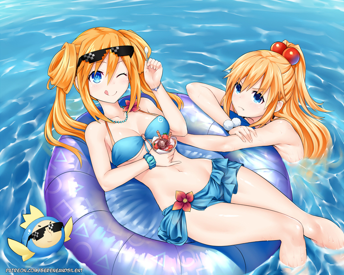 Orange Heart & Peashy Anime Art, Hyperdimension Neptunia, Neptunia, Uzume Tennouboshi, Orange Heart, Peashy, , Umio (Neptunia)