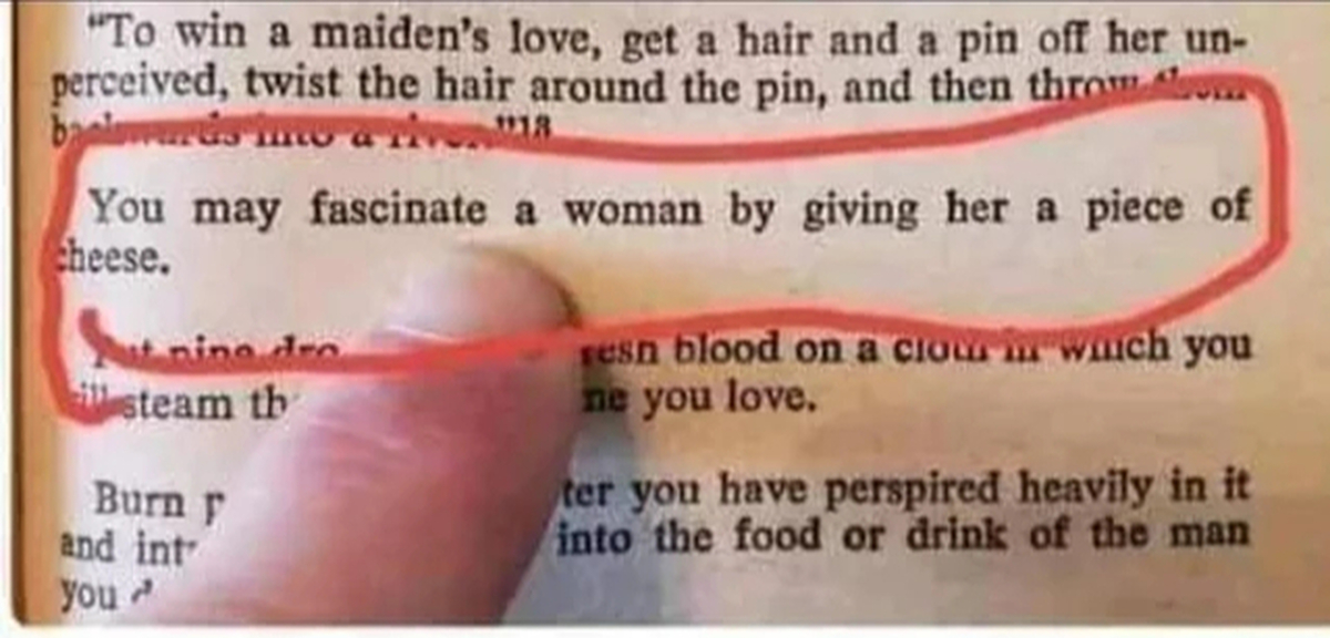 Piece of your advice. Вы можете очаровать женщину дав ей кусочек сыра. You May Fascinate a woman by giving her a piece of Cheese. The way to get woman is bring her piece of Cheese. Spells Charms and Incantations you May Fascinate woman.