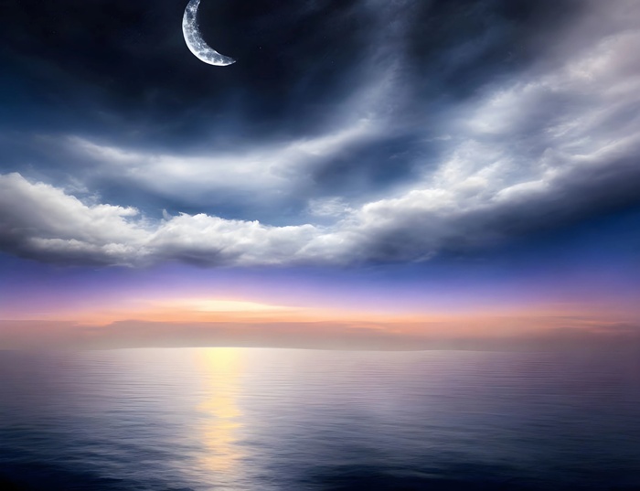 Месяц над тихим озером на рассвете