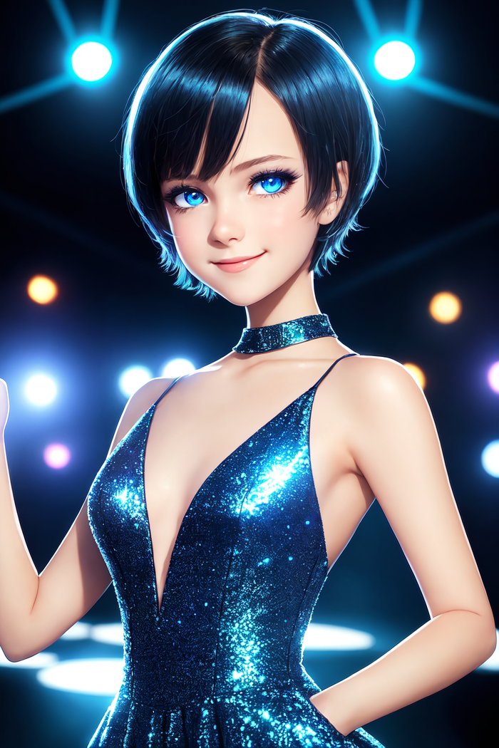 На вечеринке. Девушка в синем платье с карманами