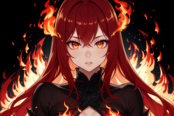 Flaming girls Девушки, Аниме, 2D, Stable Diffusion, Арты нейросетей, Anime Art, Длиннопост, Арт, Нейронные сети, Искусственный интеллект, Магия, Огонь, Красные волосы, Красные глаза
