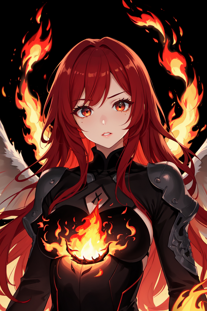 Flaming girls Девушки, Аниме, 2D, Stable Diffusion, Арты нейросетей, Anime Art, Длиннопост, Арт, Нейронные сети, Искусственный интеллект, Магия, Огонь, Красные волосы, Красные глаза