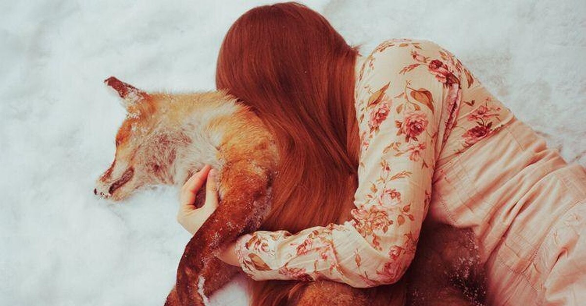 Рыжая лиса во сне. Девушка и лиса. Рыжая девушка в снегу.