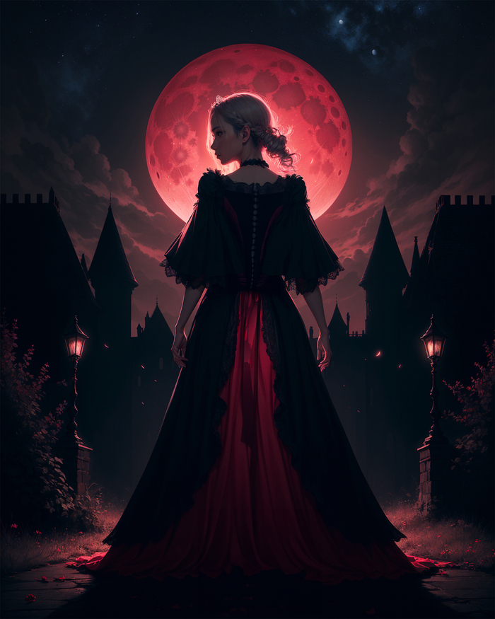 Девушка в красном платье на фоне Луны