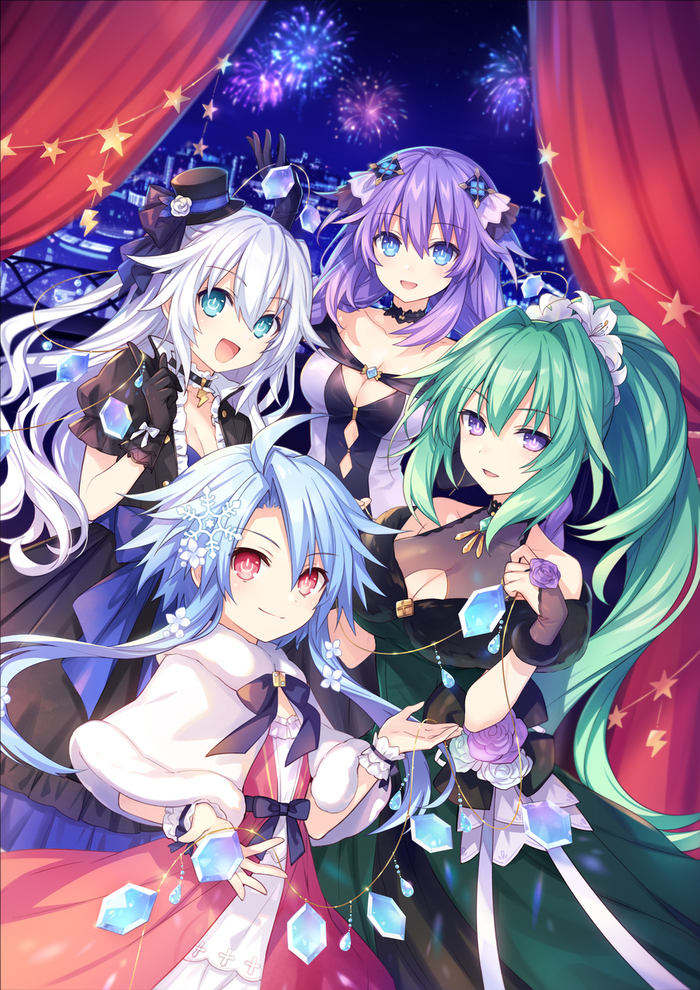 Goddesses Anime Art, Hyperdimension Neptunia, Neptunia, Neptune, Purple Heart, Noire (Black Heart), Black Heart, Vert, Green Heart, Blanc, White Heart, Tsunako