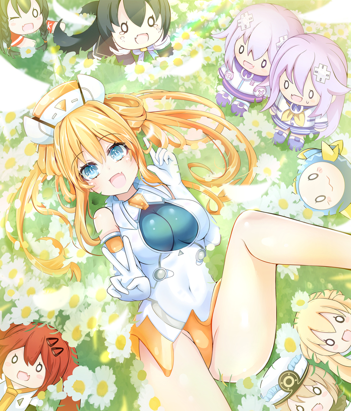 Orange Heart Anime Art, Hyperdimension Neptunia, Neptunia, Uzume Tennouboshi, Orange Heart, Neptune, Nepgear, Noire (Black Heart), Vert, Blanc, K-sha, Umio (Neptunia), Giga-tera