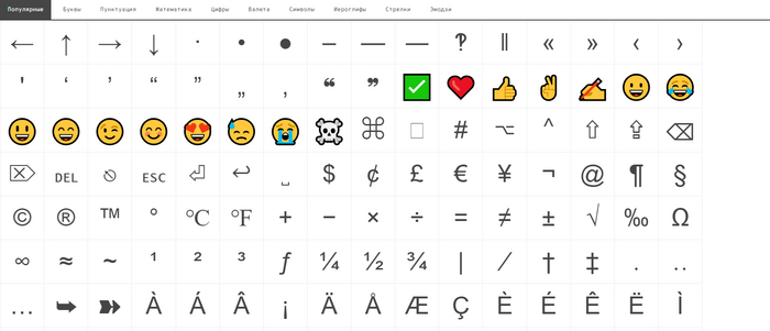 Буквы и символы которых нет на клавиатуре (Бесполезный сайт)