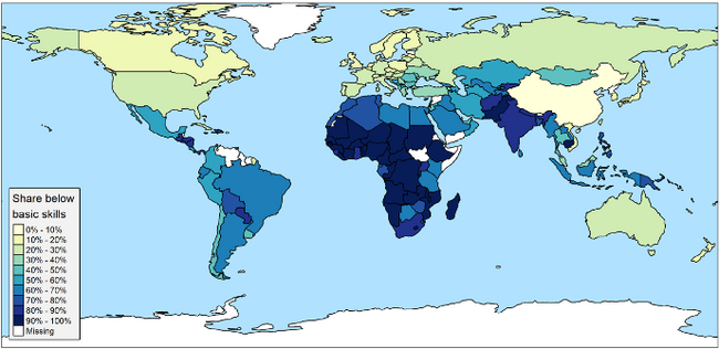 Процент подростков без основных школьных навыков. Германия: 23,8%, Китай: 6,5%, Гвинея: 99,3%.