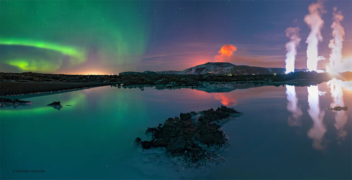 Трижды сияющее ночное небо Исландия, Полярное сияние, Вулкан, Электростанция, Побережье, Ночная съемка, Фотография