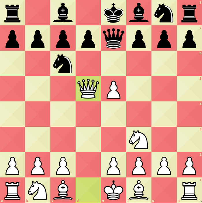 1. d4 e5 2. dxe5 Nc6 3. Nf3 Qe7 4. Qd5 -    ,  