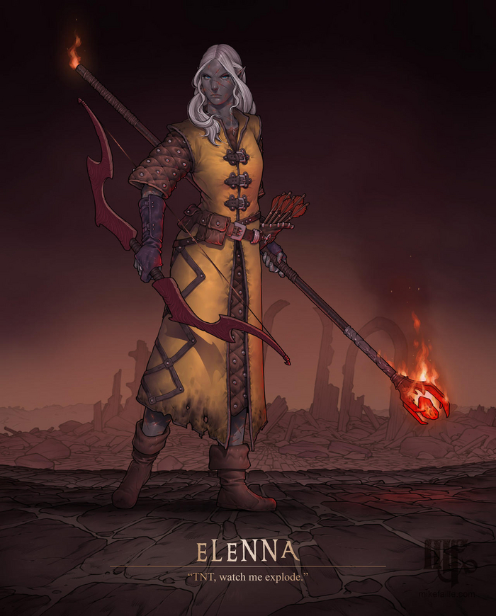 Elenna, a no-nonsense Dark Elf sorcerer with a flare for ranged combat.