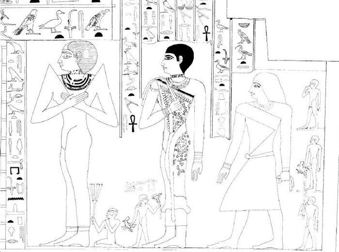 Слева направо:
царица Хетепхерес II, дочь Хуфу, в оригинальном платье с рукавами,
её дочь царица Мересанх III, жена Хафра, в жреческом одеянии из шкуры леопарда
сын Мересанх III и Хафра Небемахет, одетый в килт и перевязь.
Прорисовка рельефа из гробницы Ме