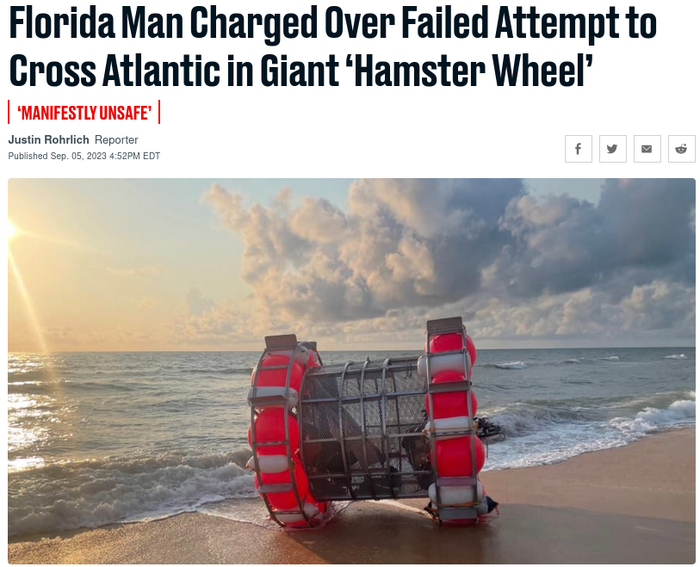 Мужчина из Флориды предъявлены обвинения за неудачную попытку пересечь Атлантику на гиганском беговом колесе для хомячков Океан, Упрямство, США