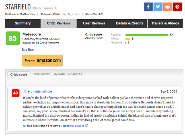  Starfield      Metacritic     40   100 Starfield, , Bethesda,  ,   , , Metacritic