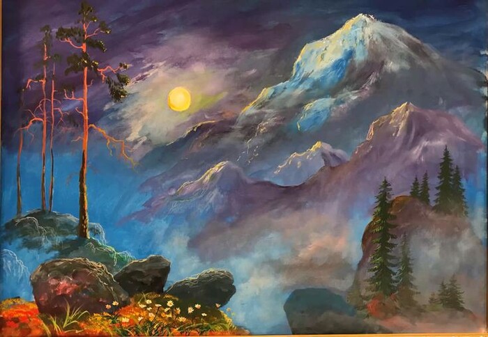 Картина темперой. Горный пейзаж